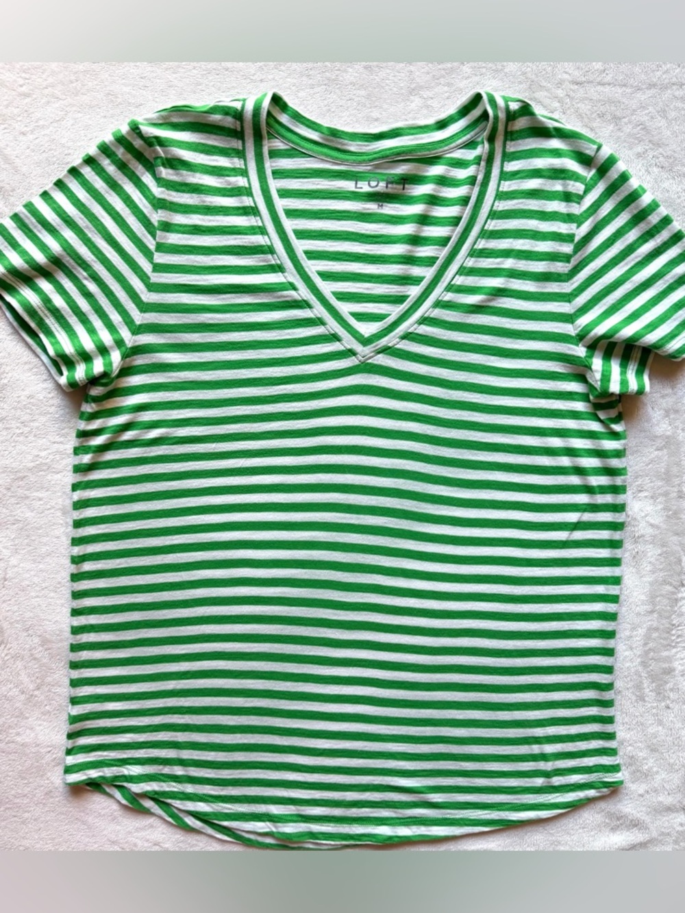 LOFT Green & White Striped Cotton V-Neck Tee